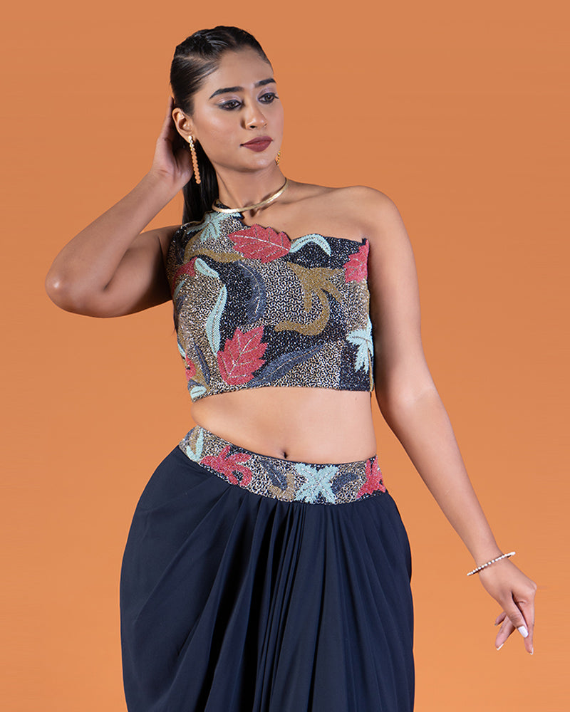 Navy Blue Embellished Floral Crop Top with Draped Skirt