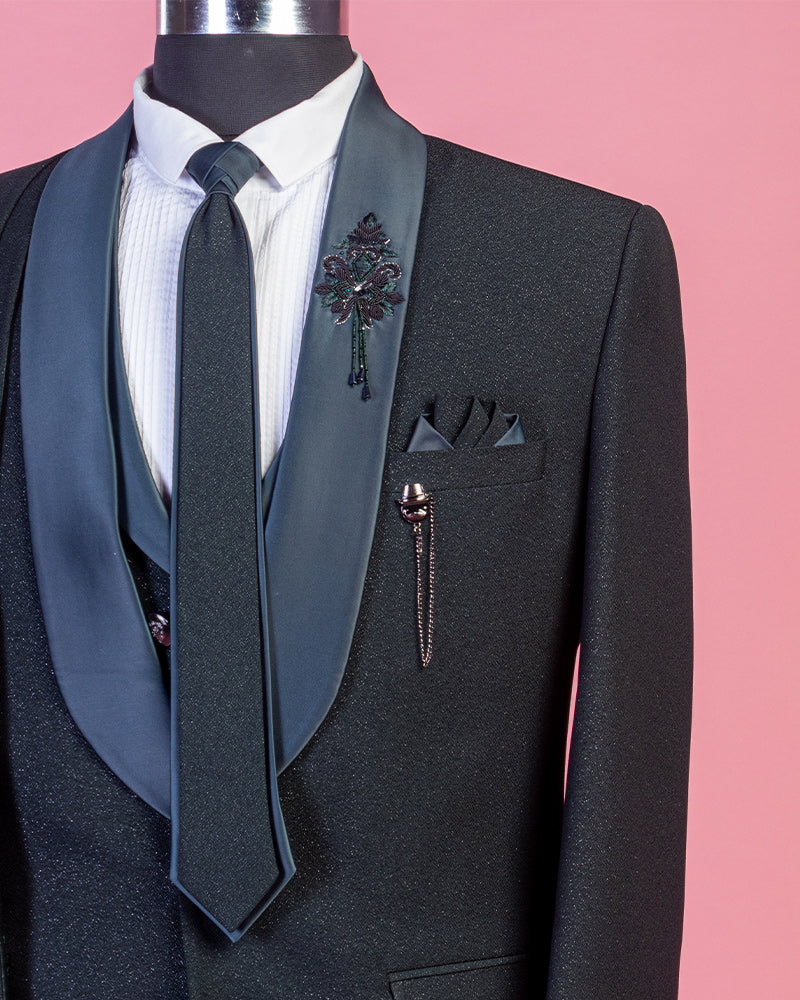 Black Shimmer Rayon Embroidered Tuxedo Suit