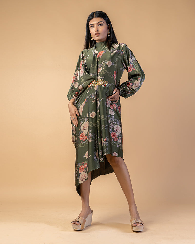Army Green Floral Print Satin Western Dress