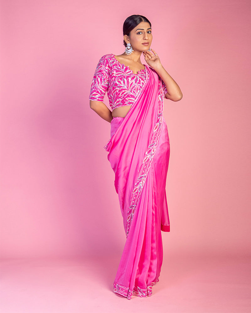 Pretty Pink Saree with Embroidered Readymade Blouse