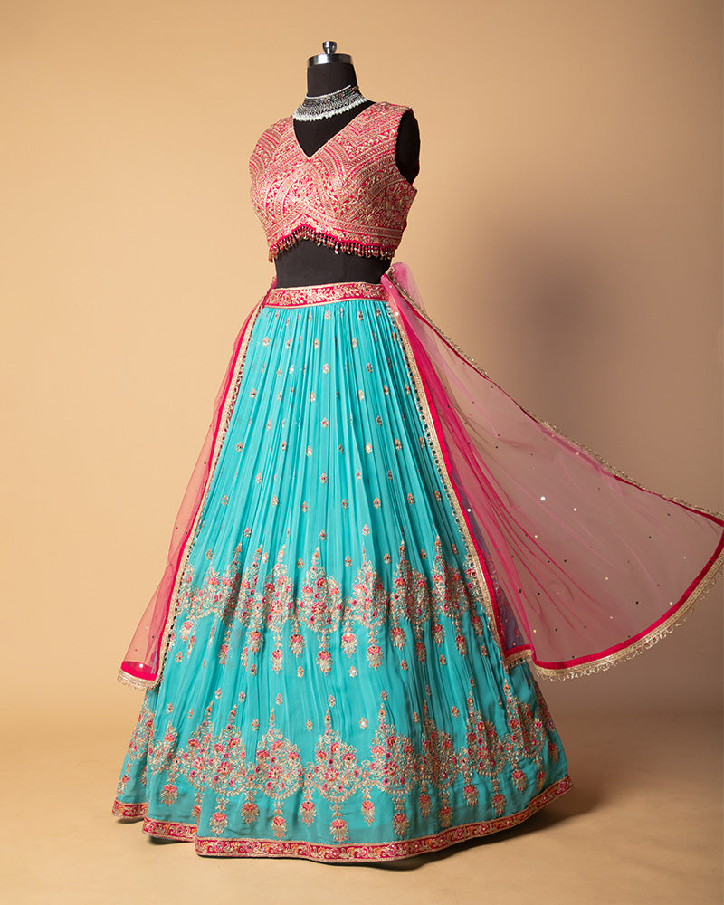 Sky Blue Embroidered Lehenga Crop Top With Dupatta
