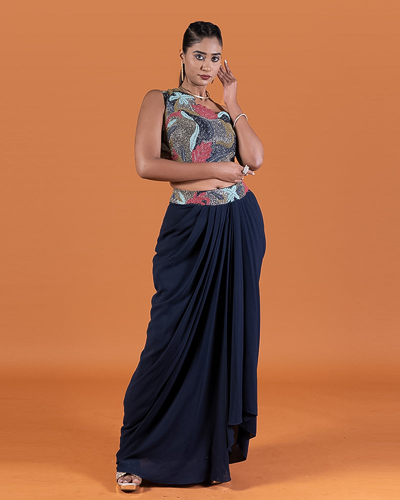 Navy Blue Embellished Floral Crop Top with Draped Skirt