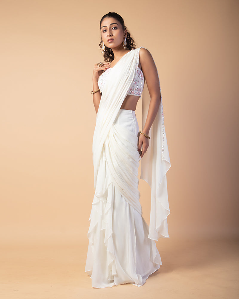 White Embroidered CropTop with Draped Skirt And Dupatta