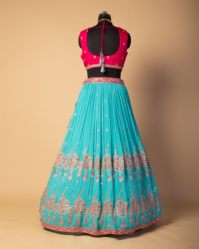 Sky Blue Embroidered Lehenga Crop Top With Dupatta
