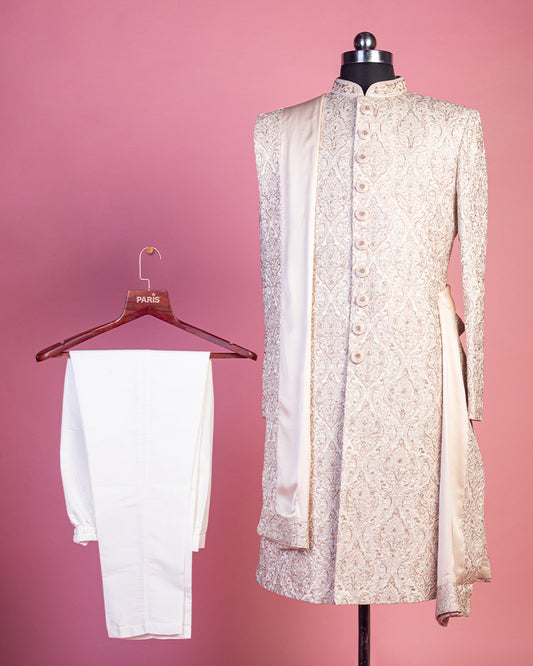 Cream Thread Embroidered Premium Silk Sherwani and Pyjama Set for Groom with Dupatta