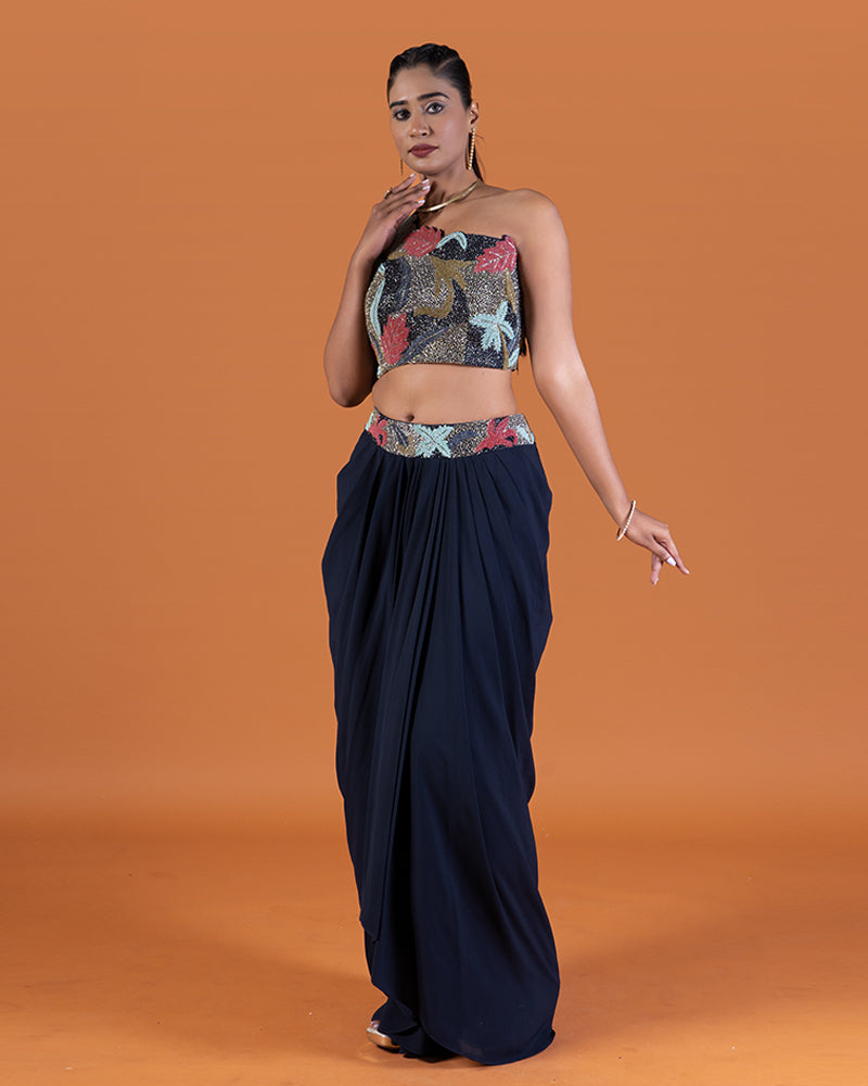 Navy Blue Embellished Floral Crop Top with Draped Skirt