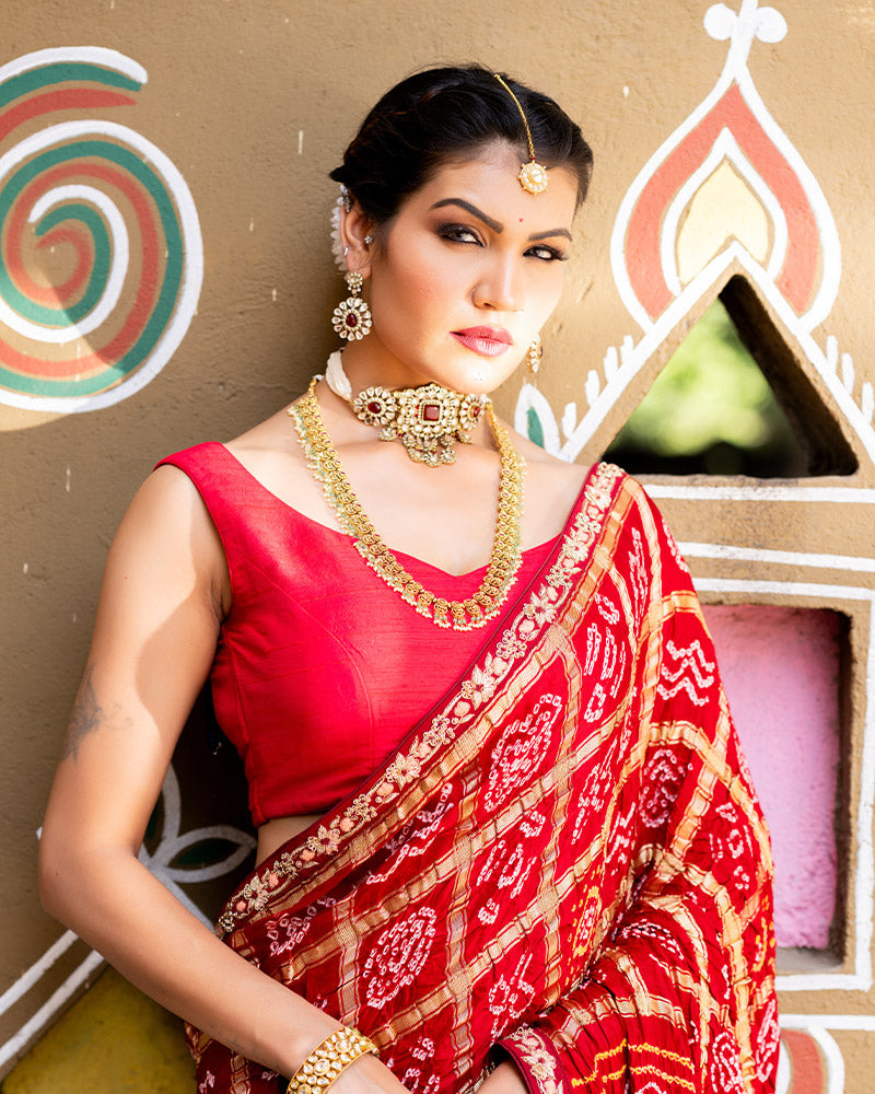 Red Badhani Printed Saree In Gajji Silk With Unstitched Blouse