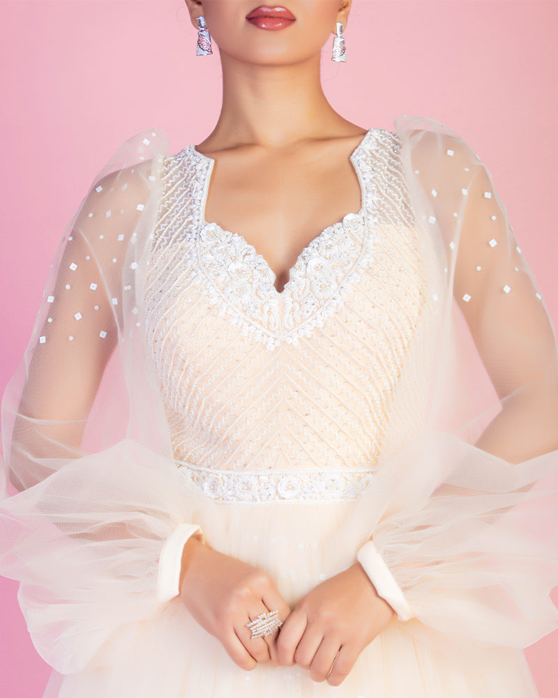 Cream Net Embroidered Gown With Blloon Sleeves