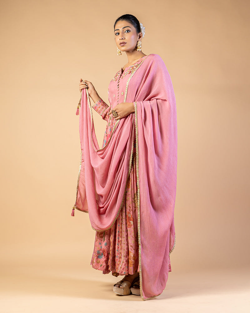 Faded Pink Printed Anarkali Set With Dupatta