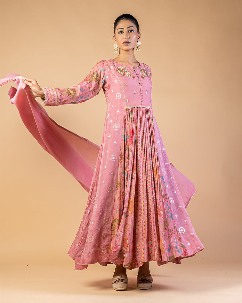 Faded Pink Printed Anarkali Set With Dupatta