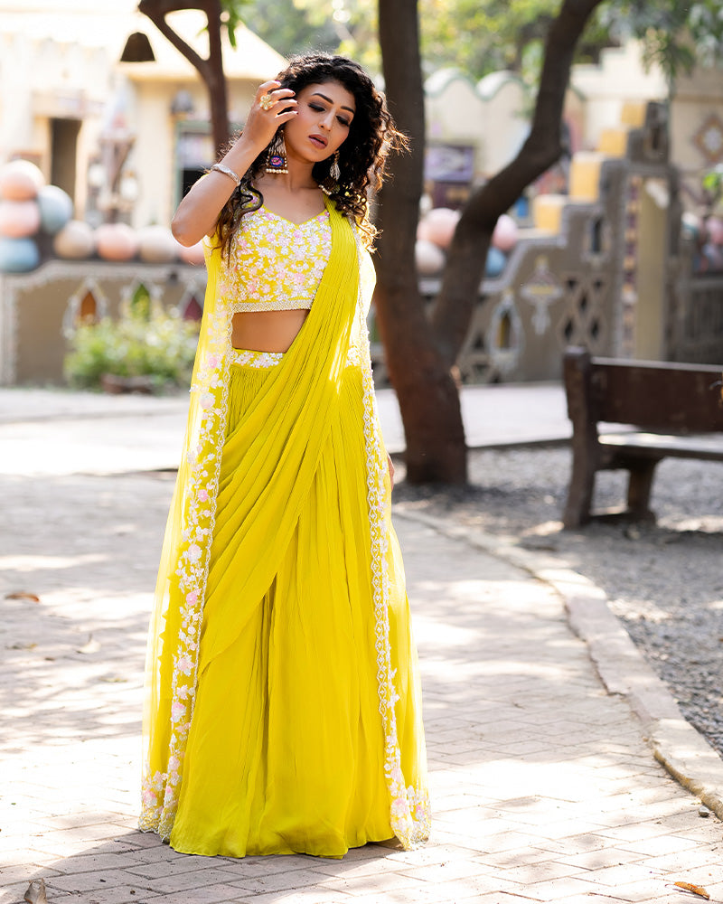 Yellow Embroidered Crop Top Skirt  With Attached Dupatta And Shrug