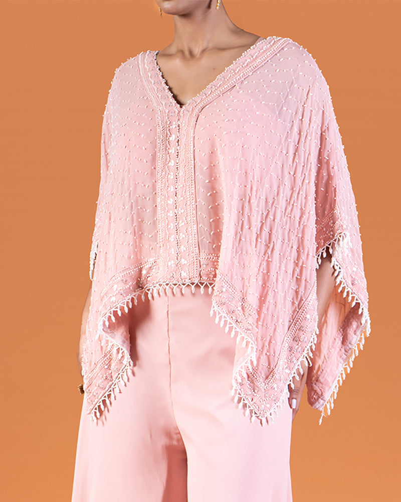 Pink Palazzo Pants with Bead-Embellished Kaftan-Style Top