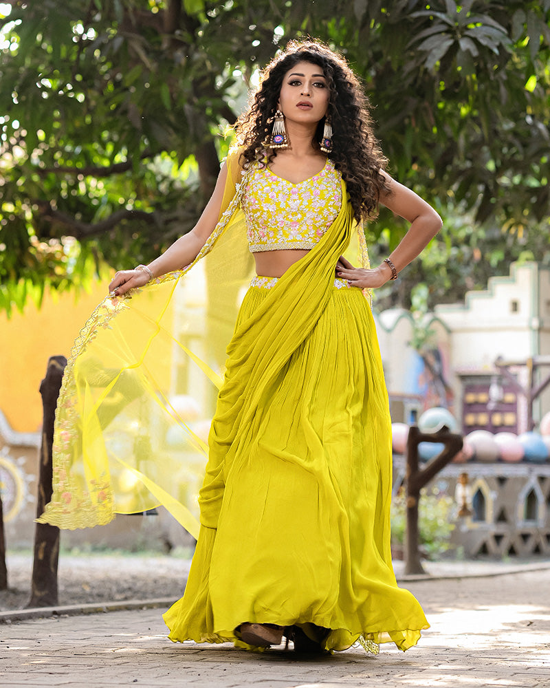 Yellow Embroidered Crop Top Skirt  With Attached Dupatta And Shrug