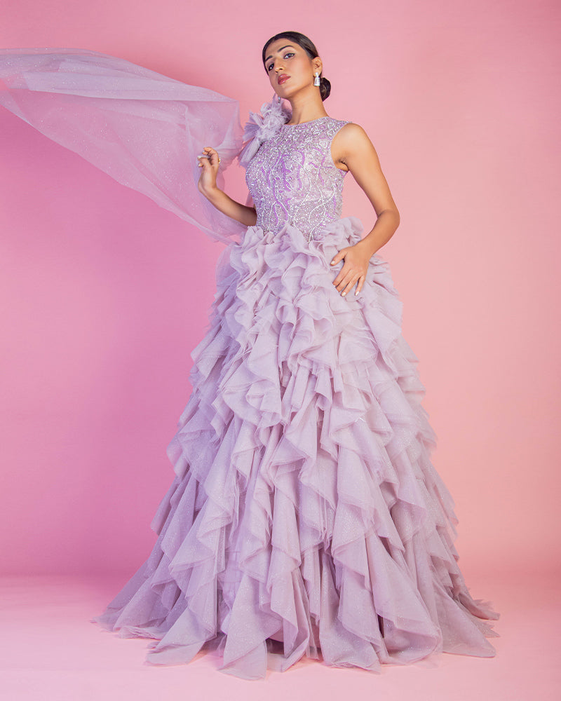 Lilac Net Hand Embroidered Ruffle Layered Gown