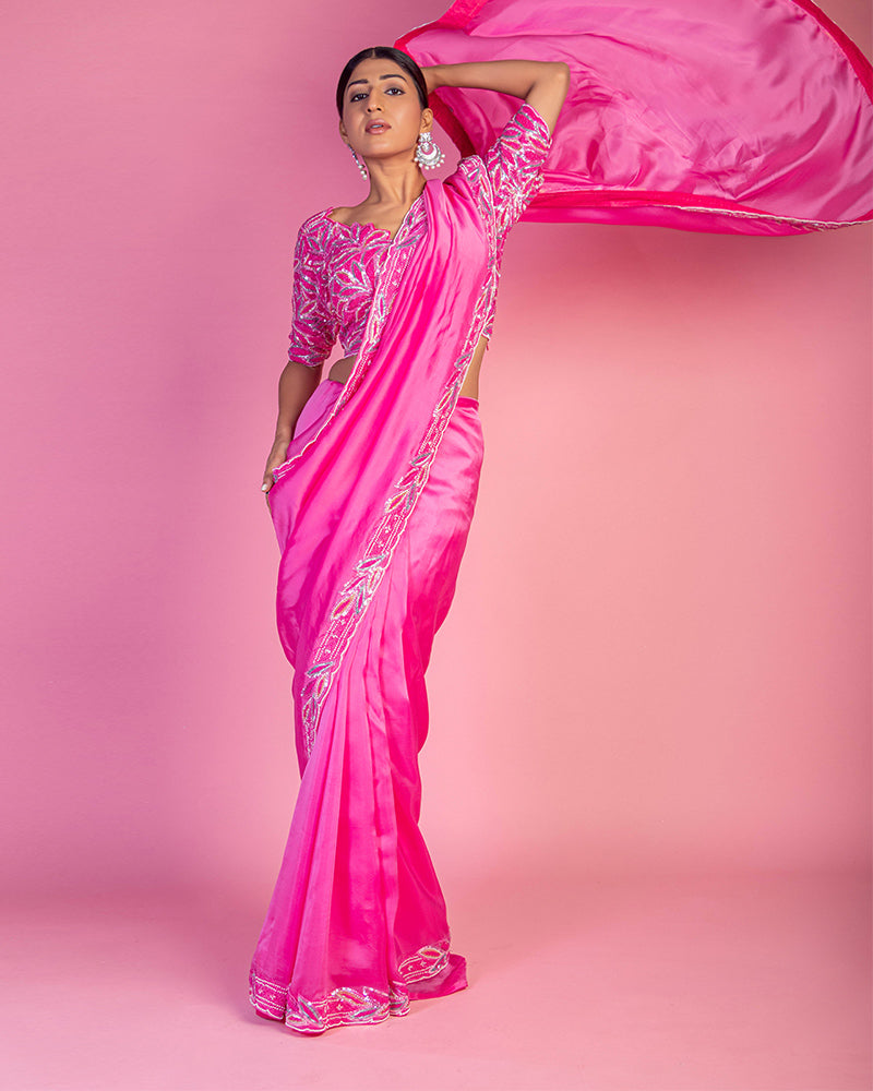 Pretty Pink Saree with Embroidered Readymade Blouse