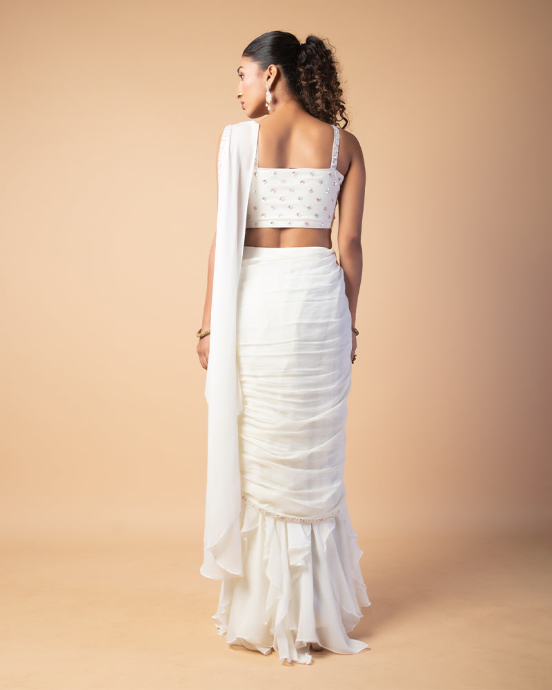 White Embroidered CropTop with Draped Skirt And Dupatta