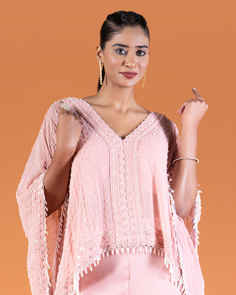 Pink Palazzo Pants with Bead-Embellished Kaftan-Style Top