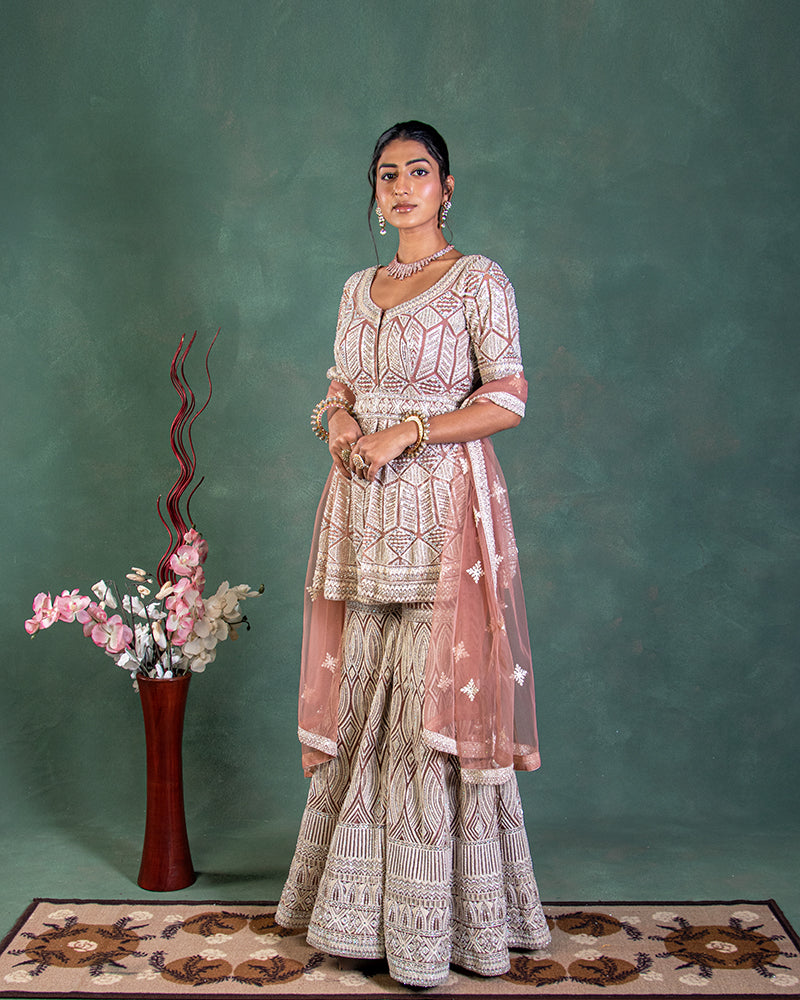 Peach Thread Work Detailed Wedding Wear Front Slit Kurta with Sharara