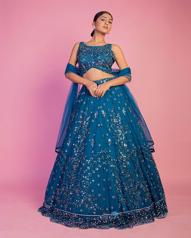 Teal Blue Sequins Detail Party Wear Lehenga Choli for Bridesmaid