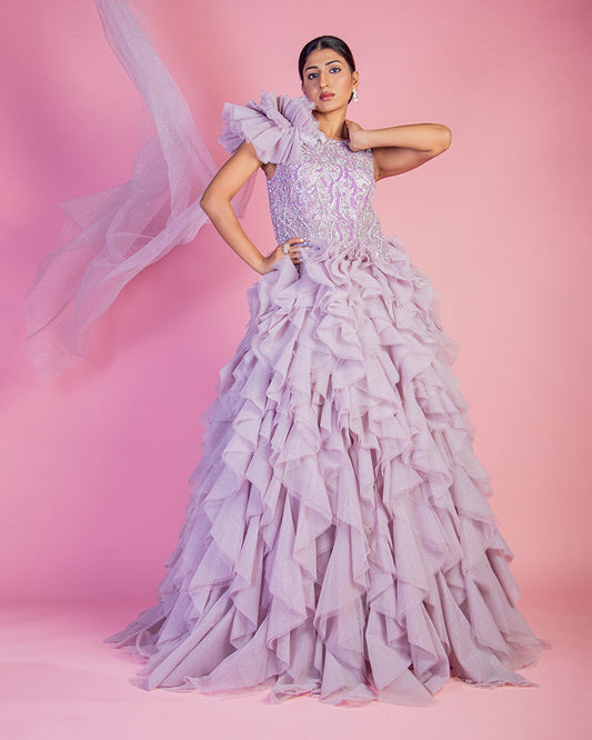 Lilac Net Hand Embroidered Ruffle Layered Gown