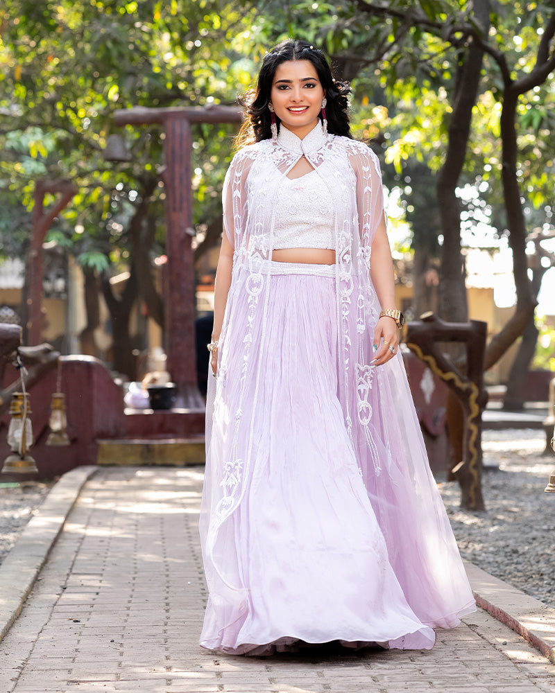 Light Violet Skirt With Embroidered Crop Top and Shrug