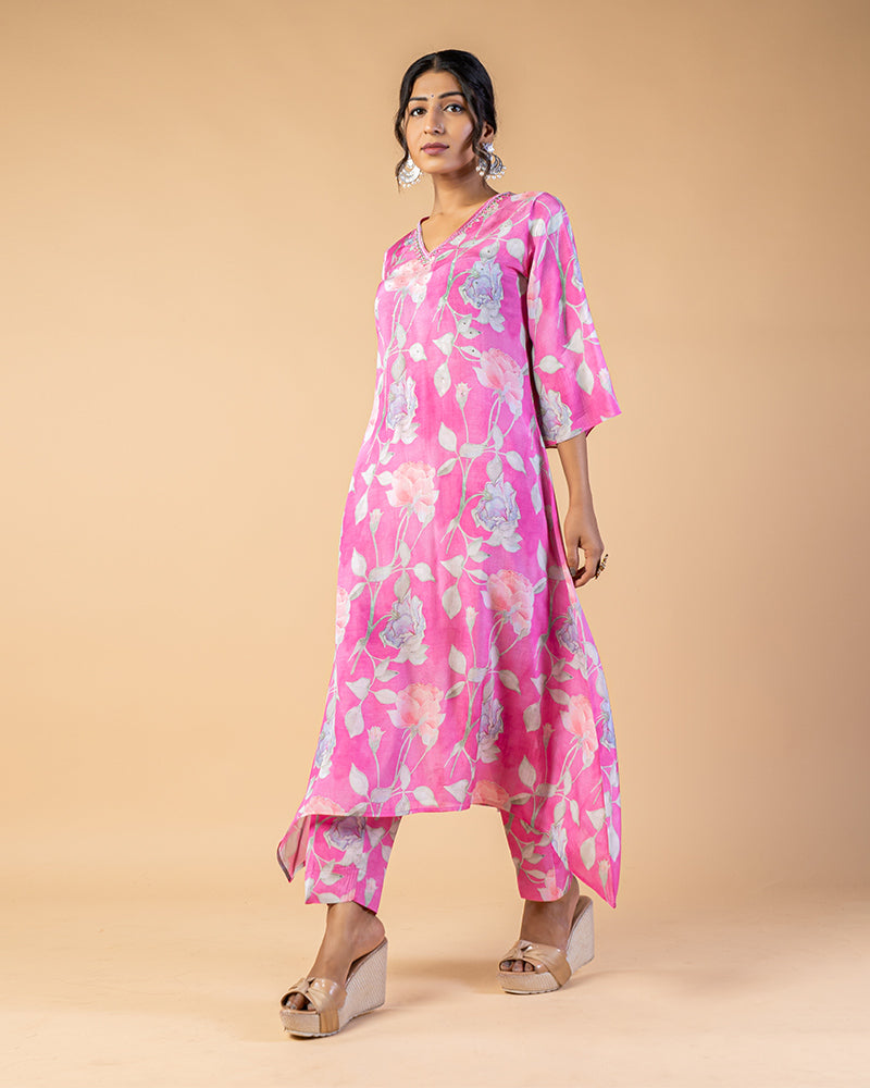 Persian Pink Floral Print kaftan Long Kurta Pant Set