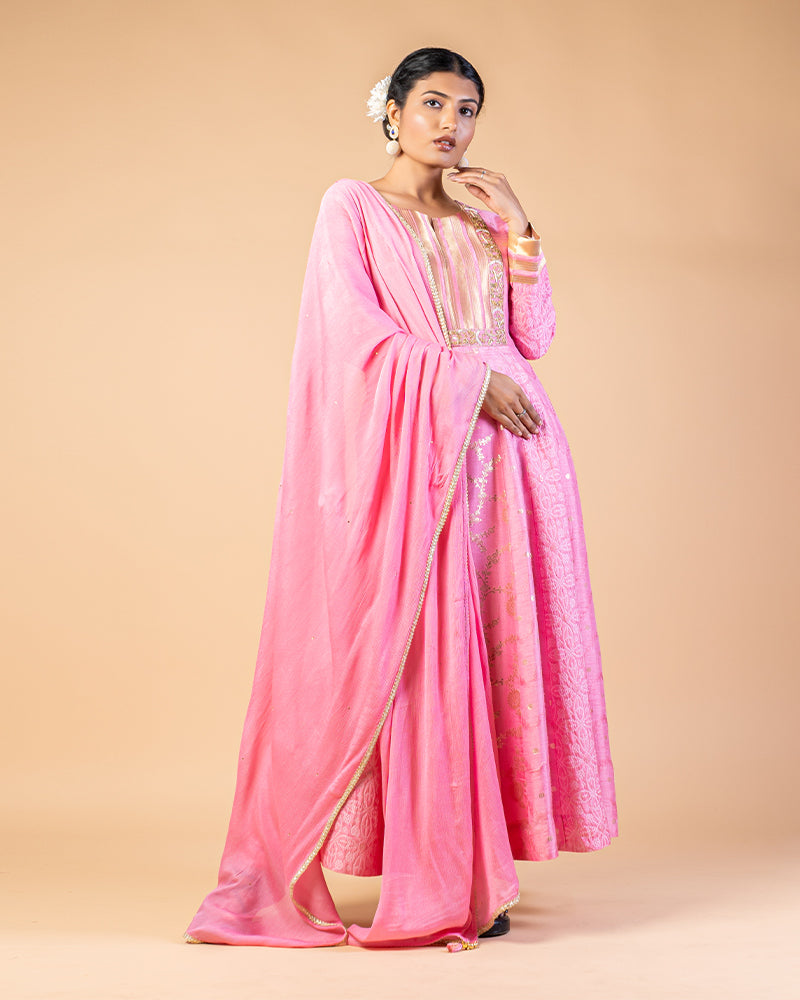 Dusty Pink Foil Printed Anarkali Set With Dupatta
