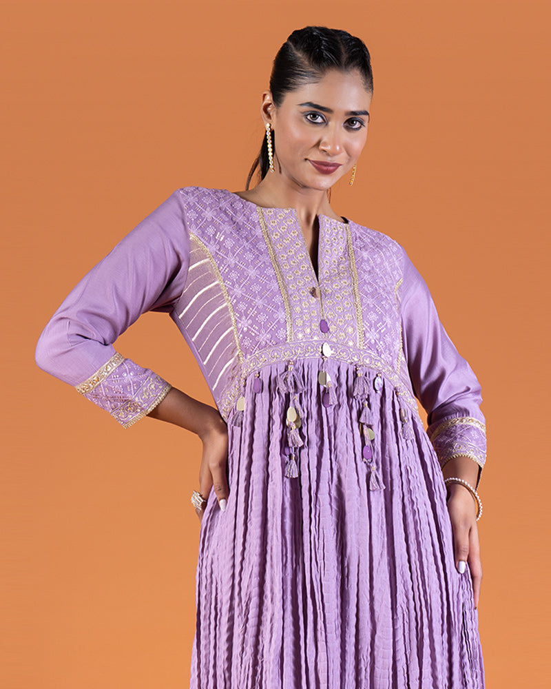 Muted Lavender Pleated Kurta with Embroidered Bodice and Matching Pants