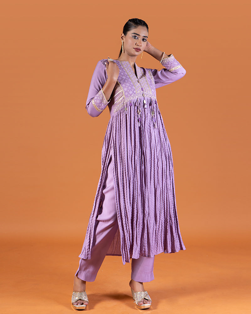 Muted Lavender Pleated Kurta with Embroidered Bodice and Matching Pants