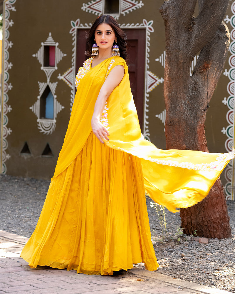 Mustard Yellow Skirt Set With Attached Dupatta And Shrug