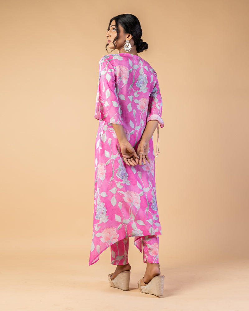 Persian Pink Floral Print kaftan Long Kurta Pant Set