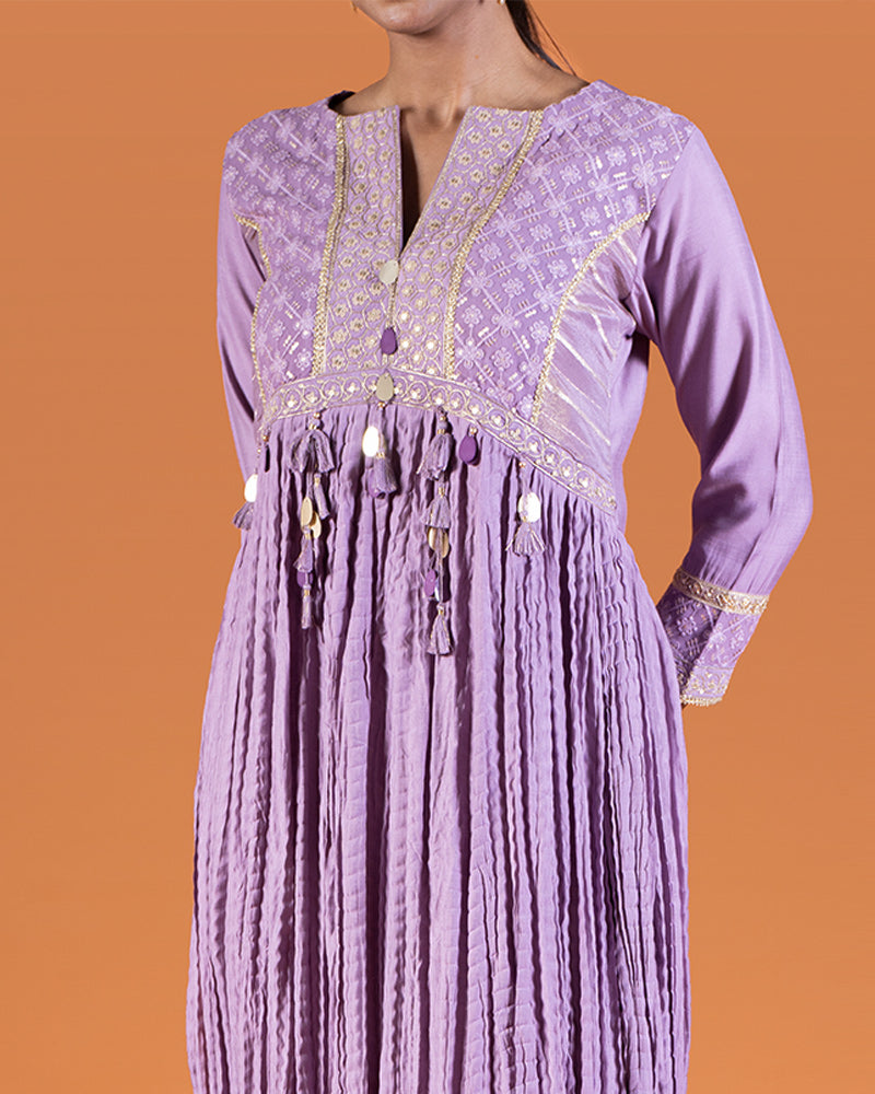 Muted Lavender Pleated Kurta with Embroidered Bodice and Matching Pants