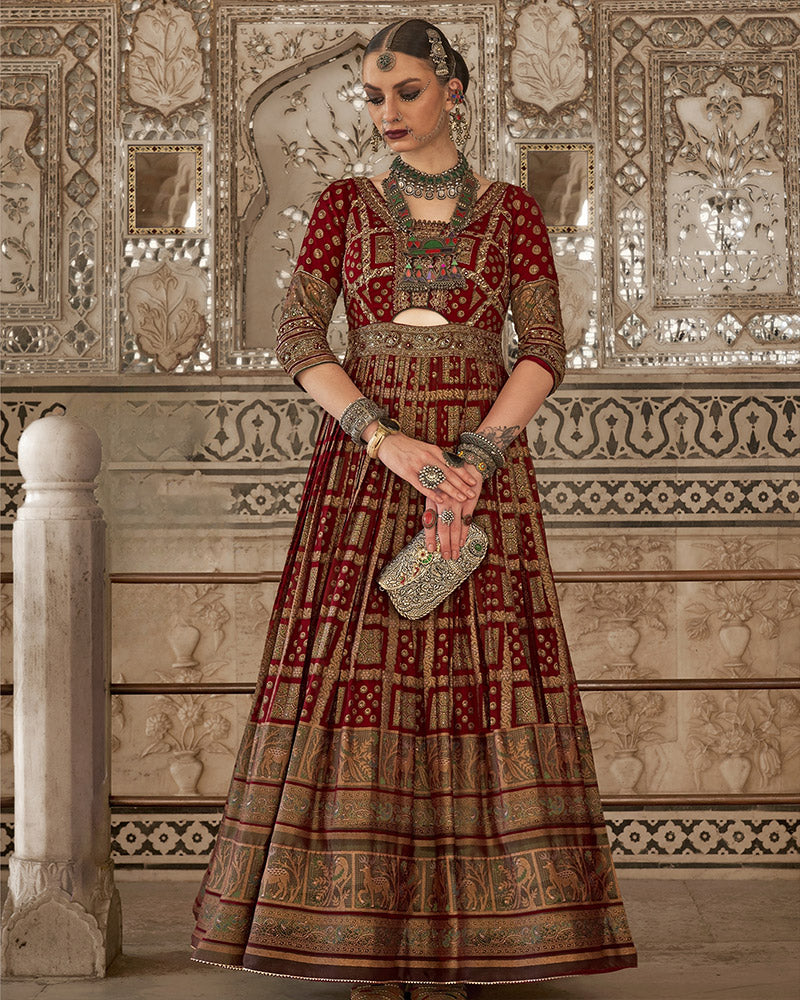 Red Cotton Silk Printed Anarkali Suit With Dupatta