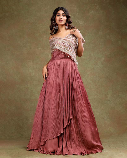 Rose Gold Off Shoulder Floor Length Designer Gown