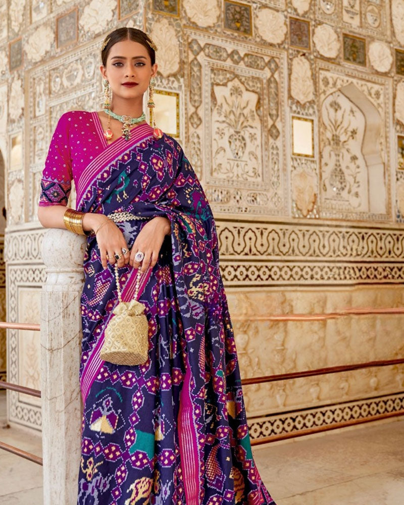 Purple Stunning Ikkat Patola Kanjivaram Cotton Silk Saree with Unstitched Blouse