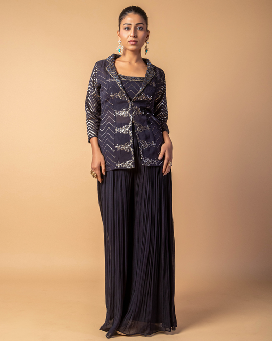 Black Jacket and Flared Palazzo Style Salwar Suit
