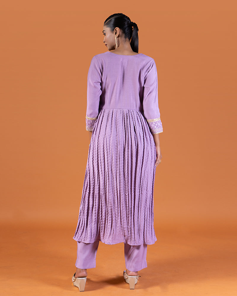 Muted Lavender Pleated Kurta with Embroidered Bodice and Matching Pants