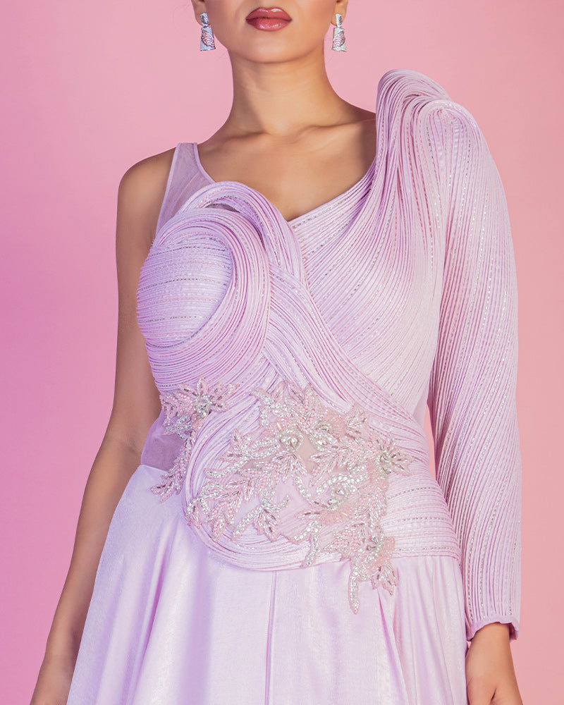 Pastel Pink Satin Floral Embroidered Designer Gown