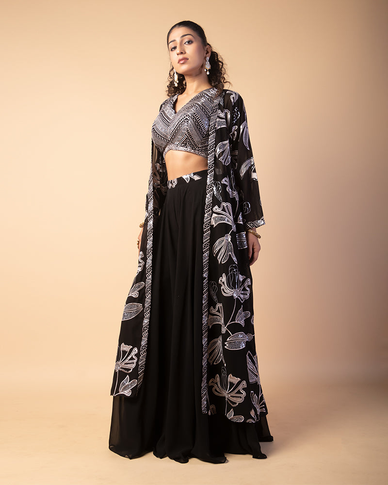 Black Lehenga with Sequins Embroidered CropTop And Shrug