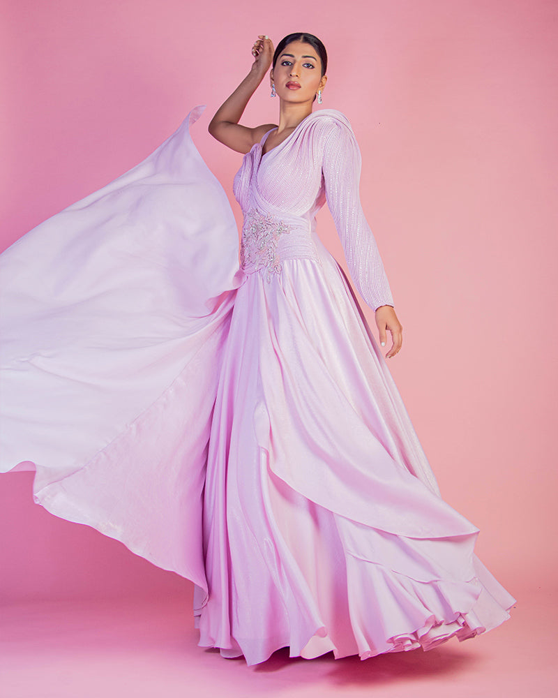 Pastel Pink Satin Floral Embroidered Designer Gown