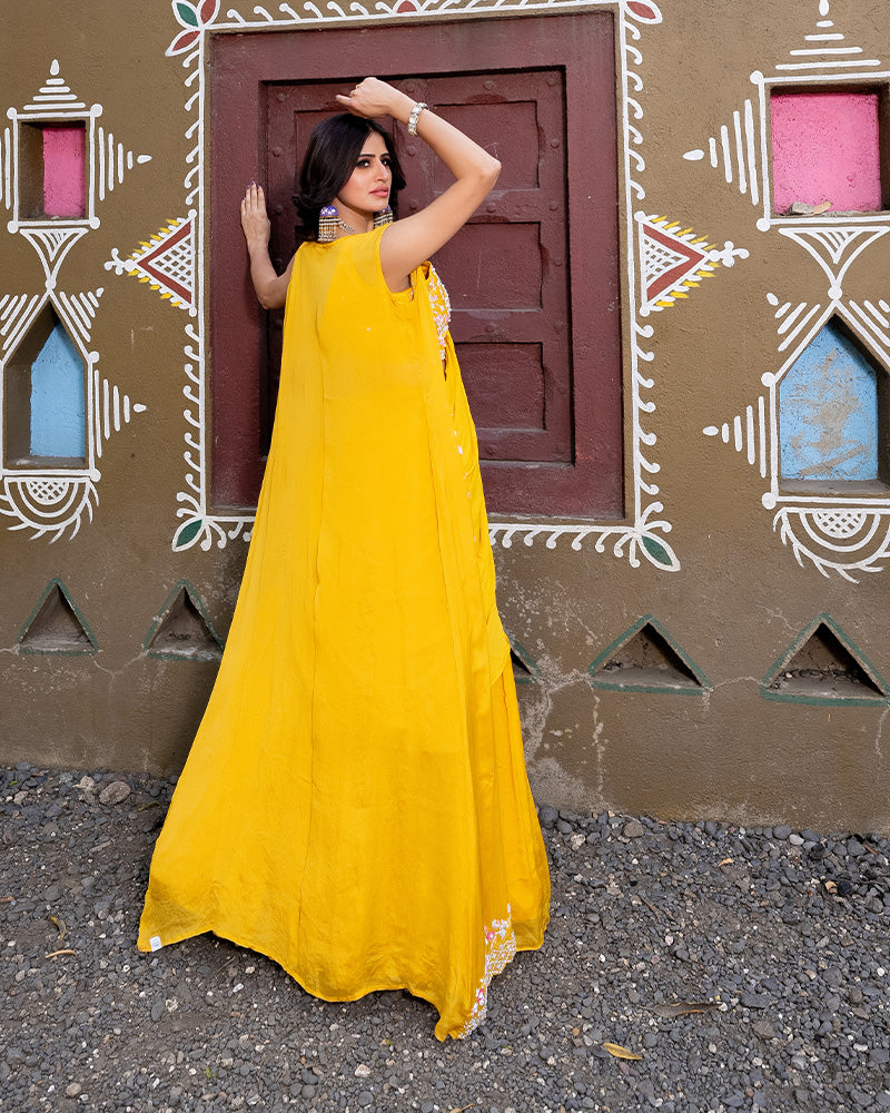 Mustard Yellow Skirt Set With Attached Dupatta And Shrug
