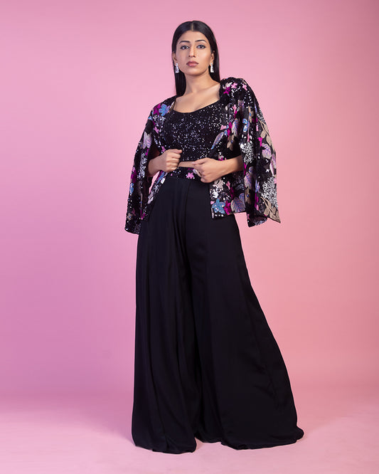 Black Palazzo with Sequins Embroidered CropTop And Jacket