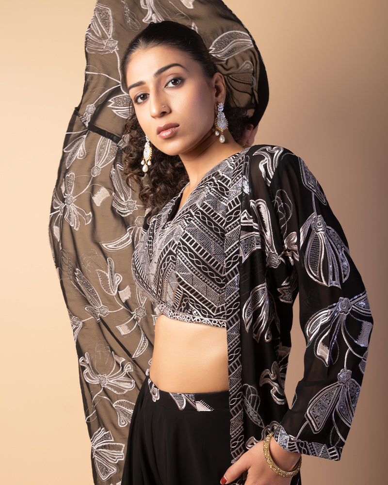 Black Lehenga with Sequins Embroidered CropTop And Shrug
