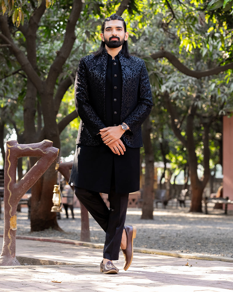 Black Kurta Set With Jacquard Embroidered Jacket