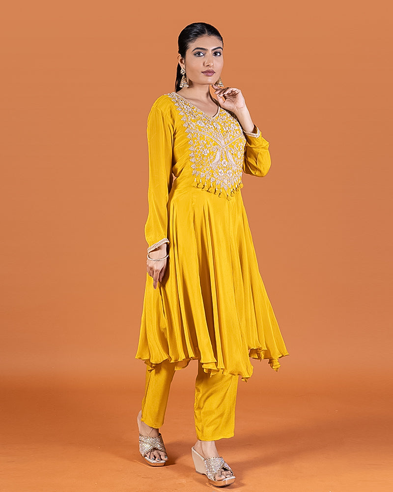 Yellow Zardozi Embellished Kurta and Pant Set