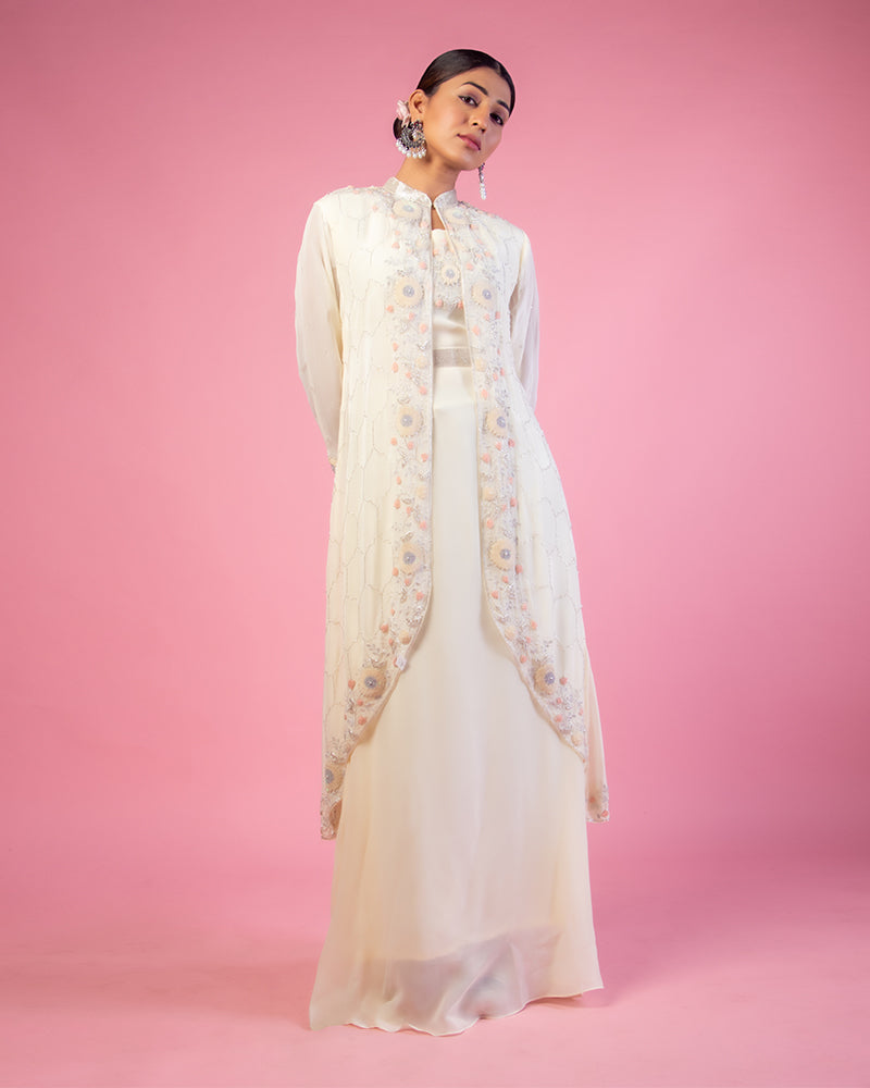 Cream long Embroidered Gown with Jacket