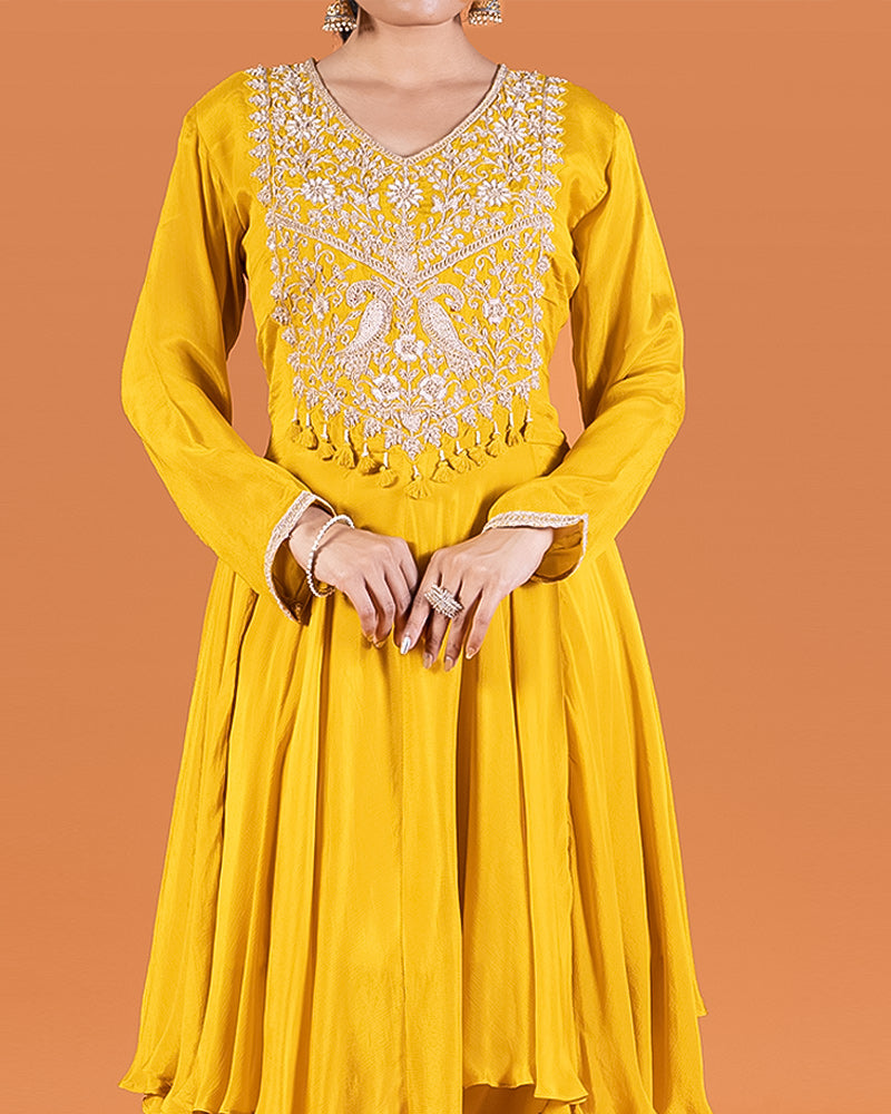 Yellow Zardozi Embellished Kurta and Pant Set