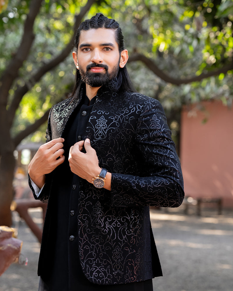 Black Kurta Set With Jacquard Embroidered Jacket