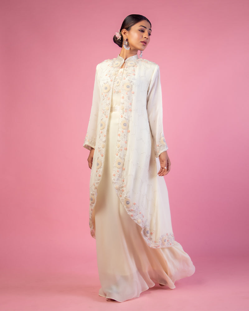 Cream long Embroidered Gown with Jacket
