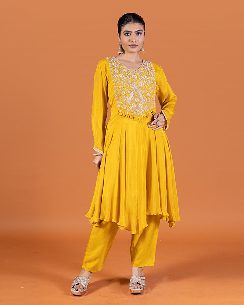 Yellow Zardozi Embellished Kurta and Pant Set